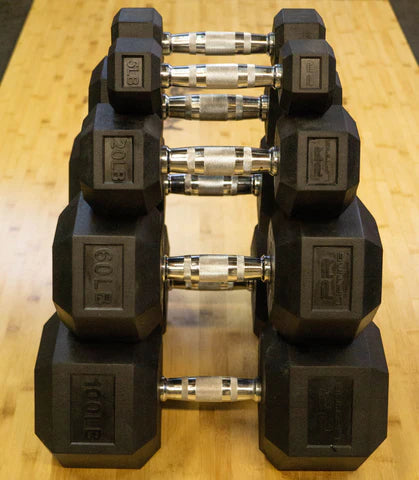 Rubber Hex Dumbbell Set 5-50 LB with Rack